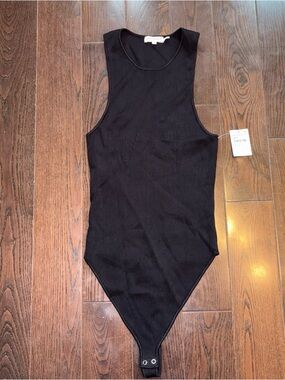 Good American Black Ribbed Snap-Closure Bodysuit